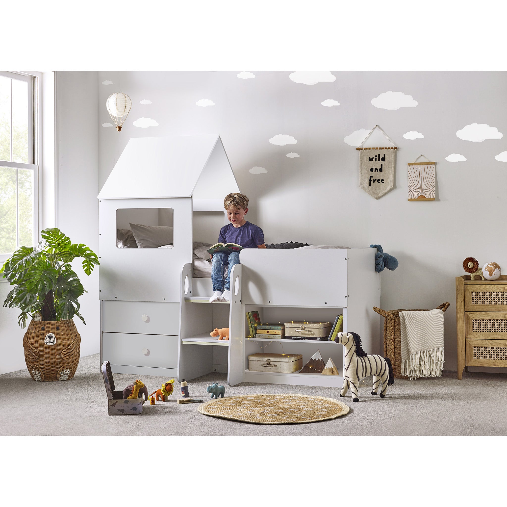 House Style Midsleeper Bed with Storage in White